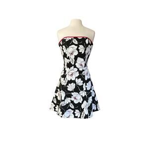 VTG GUNNE SAX Jessica McClintock Strapless Black White Floral Red Trim Dress  6